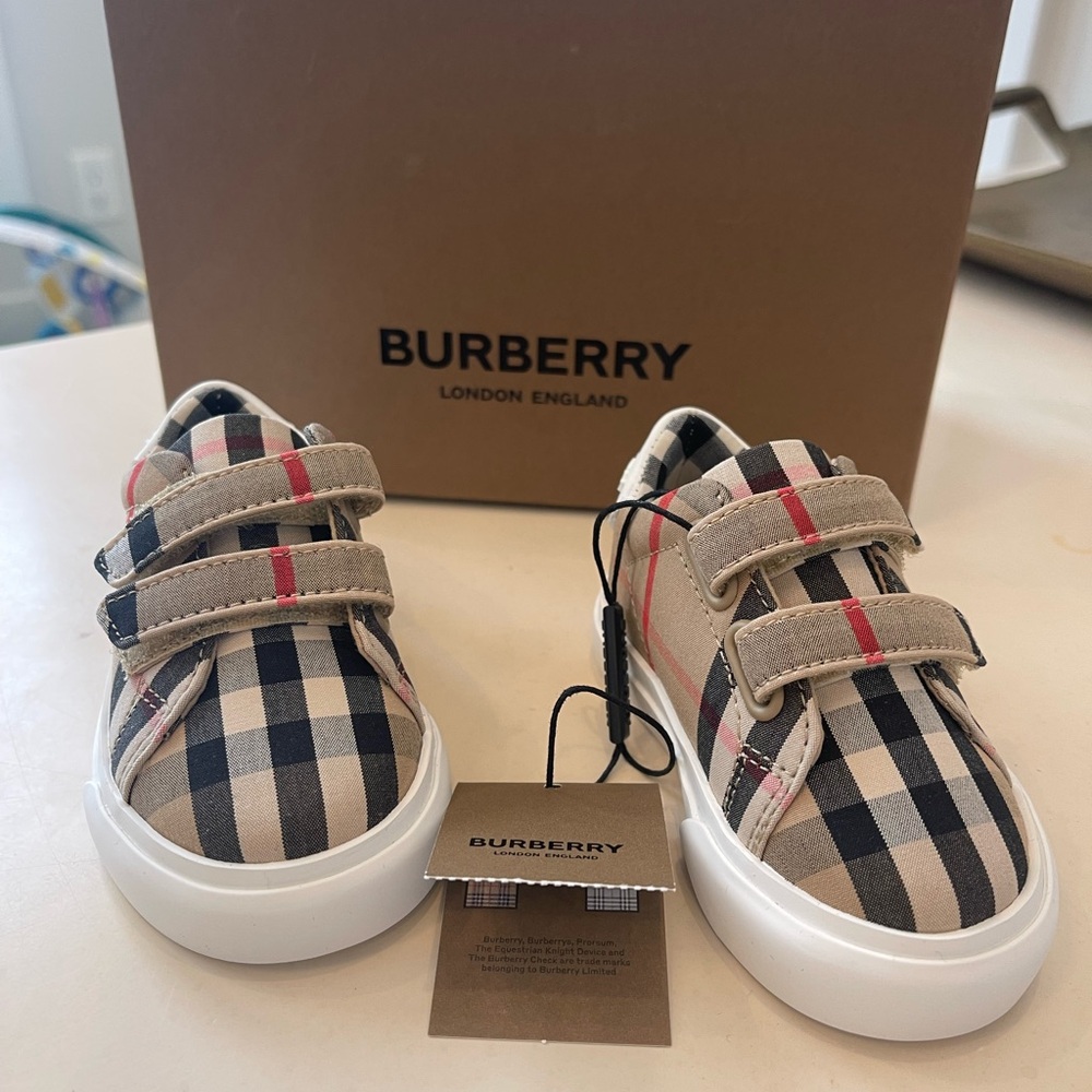 Burberry Tan and Red Sneakers with Iconic Check Pattern